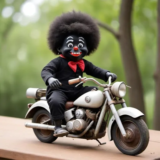 Prompt: Golliwog rides a racoon
