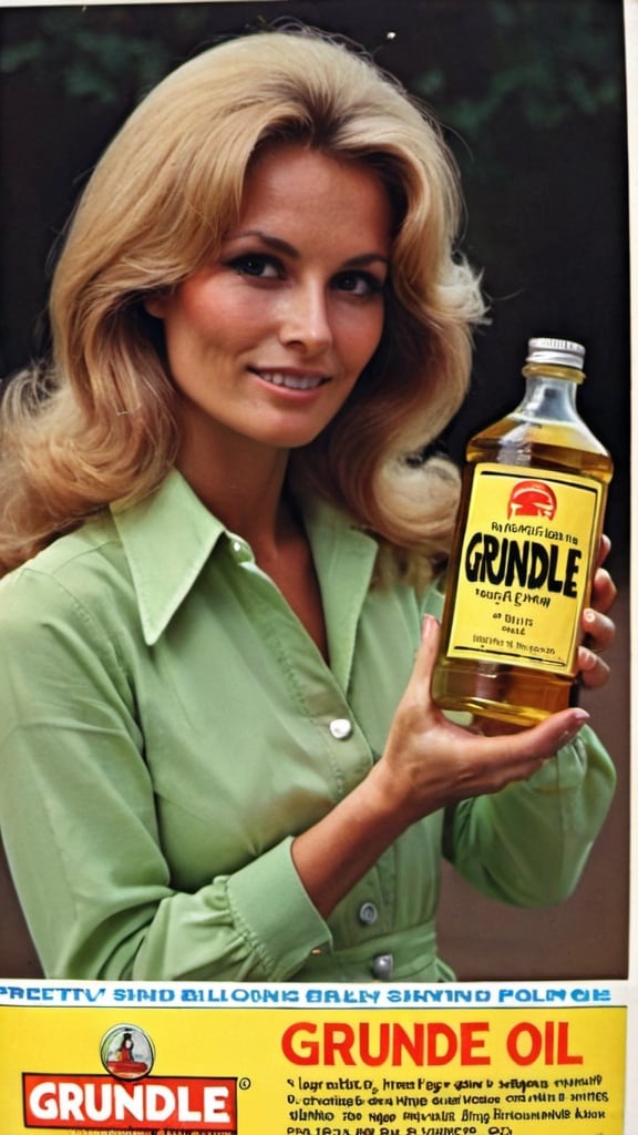 Prompt: Advert for "Grundle Oil". Pretty woman holding bottle. 1970s style