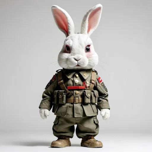 Prompt: a humanoid rabbit with one eye closed with a scar standing in military clothing, white background