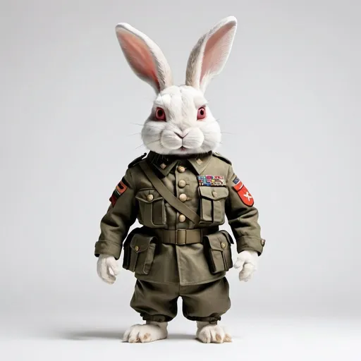 Prompt: a humanoid rabbit with one eye closed with a scar standing in military clothing, white background