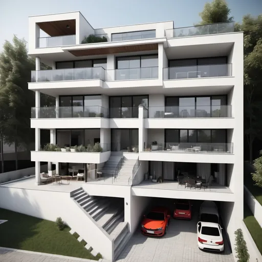 Prompt: Give me a picture or plan of the house built from:

 Floor - 1 basement (parking lot for 5 cars) - area 150 meters, 0st floor  column floor open space about 150 meters, 1st floor  residential floor in modern design with balcony - area 150 meters, 2nd floor penthouse - area 80 meters