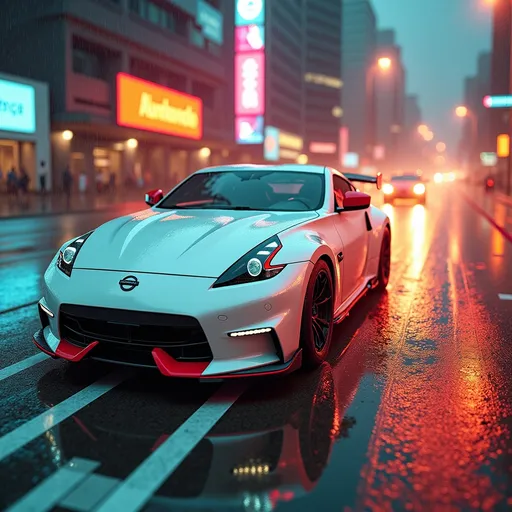 Prompt: Nissan Z Nismo racing on a neon drenched highway, fantasy style, vibrant colors abound, rainfall effect shimmering on a slick road, dynamic movement, glowing reflections, cinematic atmosphere, moody yet exhilarating vibe, incredibly detailed, ultra-detailed, 4K quality, electric hues of blue and pink illuminating the scene, drip patterns from the rain merging with city lights.