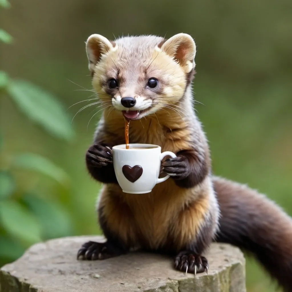 Prompt: stone marten is drinking a cup of coffee