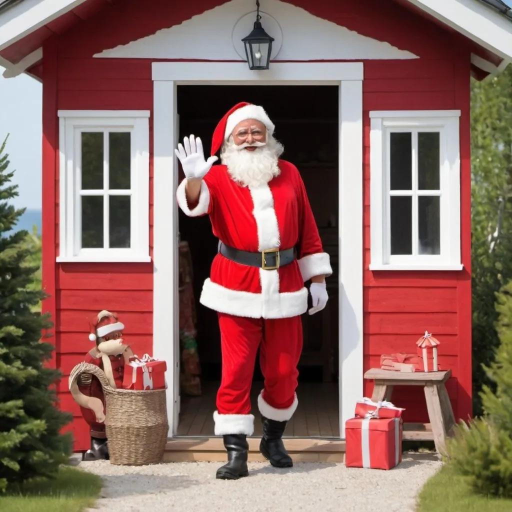 Prompt: Santa Claus waiving at you to come to his summer house