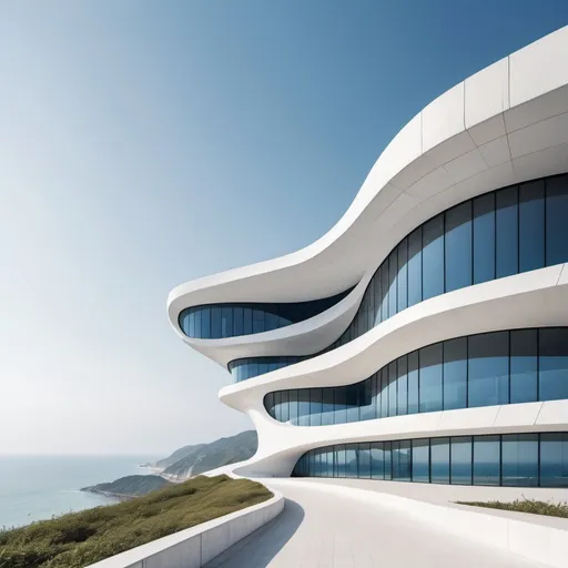 Prompt: A view of a modern Zaha hadid building with coastal views, architecture photography, white and blue color palette, cinematic, fragmented architecture, biophilic design, captures essence of nature, solarization ar 7:3 - style raw