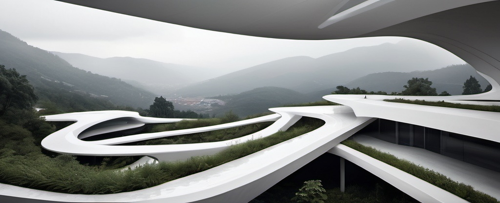 Prompt: A view of a modern Zaha hadid style landscape architecture park with mountain views, architecture photography, white color palette, cinematic, fragmented architecture, parametric design, captures essence of nature, moody atmosphere with rain ar 7:3 - style raw