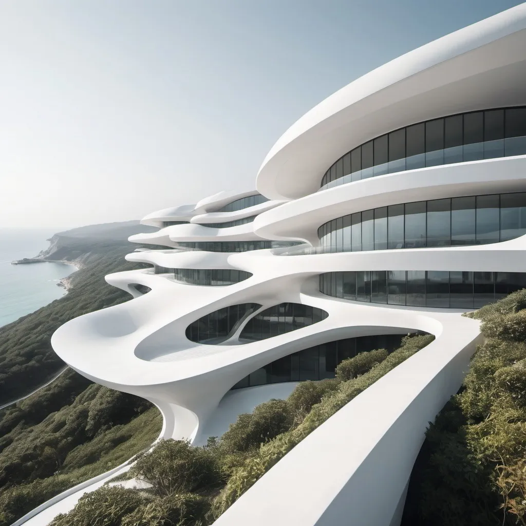 Prompt: A view of a modern Zaha hadid building with coastal views, architecture photography, white color palette, cinematic, fragmented architecture, biophilic design, captures essence of nature, solarization ar 7:3 - style raw