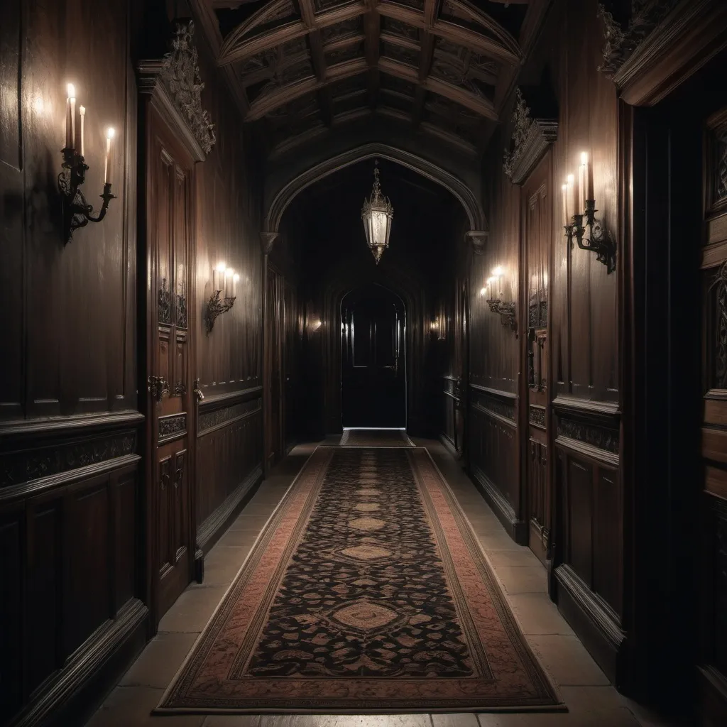 Prompt: A wide hallway of a gothic manor. A few ornate wooden doors line the walls. A long rug spans the length of the hallway. It is very dark and it is night. 