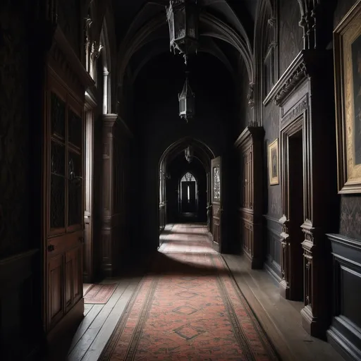 Prompt: A wide hallway of a gothic manor. A few ornate wooden doors line the walls. A long rug spans the length of the hallway. It is very dark and it is night. 