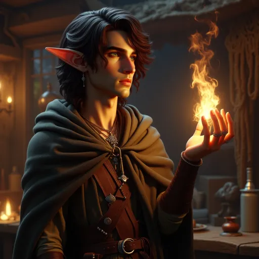 Prompt:  @68LJOd4CnHtPnaqvLW5S is standing in a fantasy tavern. He is conjuring a magical flame in one hand.