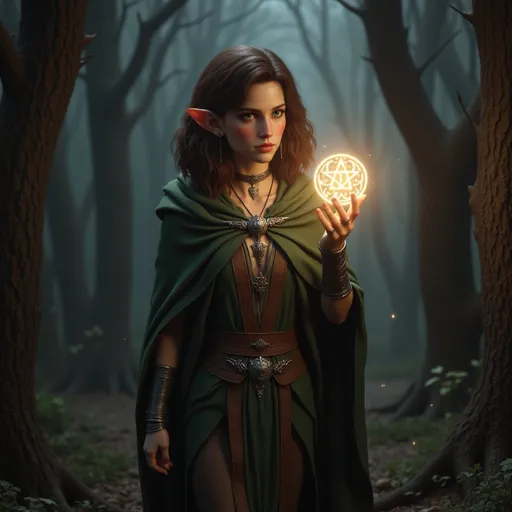 Prompt:  @MwPexwH1J3Dx0NmPW4ic is walking in the dark. She is holding a symbol of Lathander in her left hand and she is holding is up and in front of her. Her fingers are interlaced with the symbol. The symbol is shining brightly.