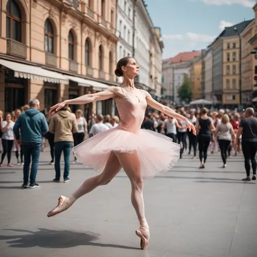 Prompt: A middle-aged ballerina dances in the city center, and people ignore her.