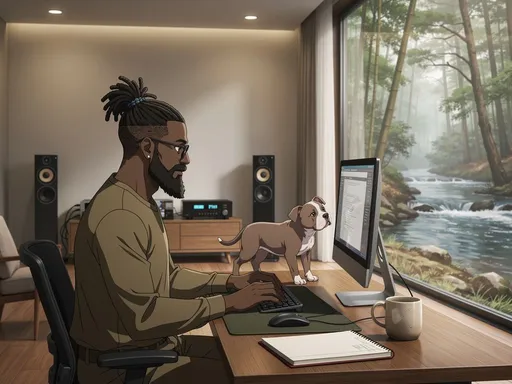 Prompt: “Create a seamless, looped anime-style scene of a mature African American man working at his computer inside his modern home in Japan. He has a full beard, reader glasses, and a dreaded man bun. His style is calm, wise, and mature. The interior has a suave architectural aesthetic with clean lines, warm wood textures, and a high-end audio system setup in the background.

Outside the large window, show a peaceful Japanese woodland landscape: tall beautiful trees, soft natural light, and a gentle running river flowing through the scene. The outdoor colors should be serene and atmospheric.

Every 45 seconds, an adorable American Staffordshire Terrier puppy casually walks across the desk in front of him, looking for attention, adding a playful touch to the loop. The animation should feel calm, cinematic, and aesthetically rich, with soft movements, natural lighting, and a smooth loop.”
