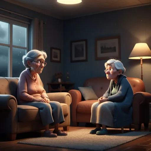 Prompt: Seating in the living room. An old lady facing camera crying to his son about her lonliness in a cloudy dark rainy dark. 3d animated pixar style, cinematic lighting,  stylized.