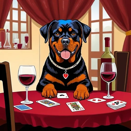 Prompt: rottweiler dog sitting at a dinner table with playing cards Infront of him and a glass of wine to his left. drawing