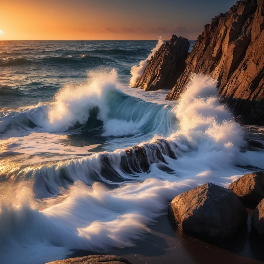 Prompt: Ocean waves hitting the rocks in sun set