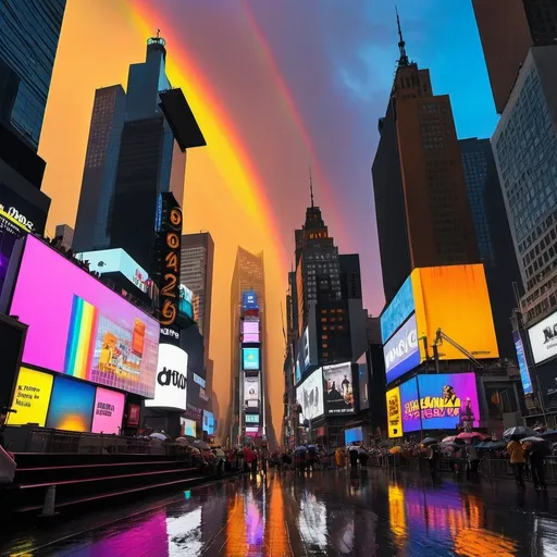 Prompt: Time square buildings when sun set appears and raining with rainbow effect