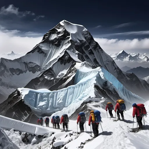 Prompt: Mount Everest image with trekking people and standing top of the Everest and putting falg