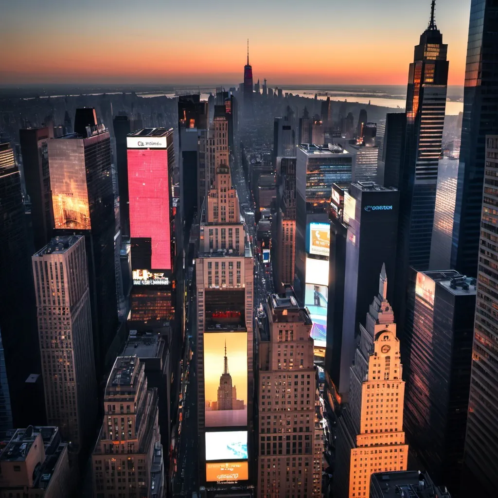 Prompt: Time square buildings when sun set