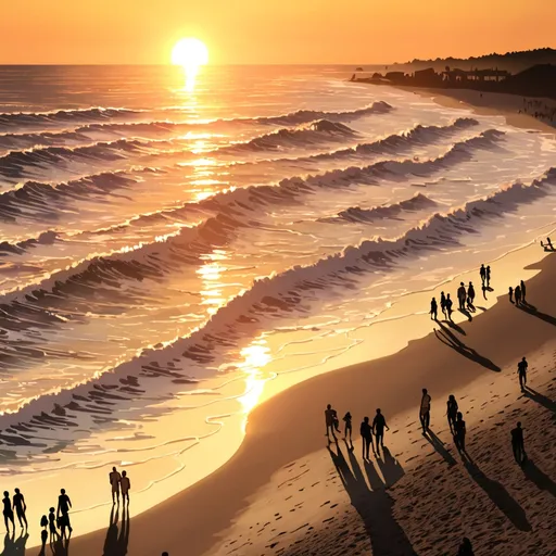 Prompt: Ocean with sun setting, waves , peoples enjoying the beach