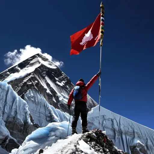 Prompt: Mount Everest person standing top of the Everest and putting flag