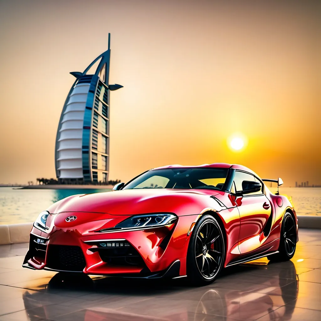 Prompt: Toyota supra MK4 in front on the burj al arab with sun set effect