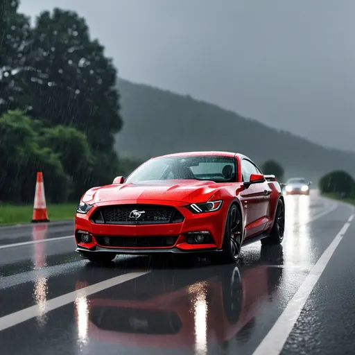 Prompt: Mastang gt standing on roads with rain drizzle effects