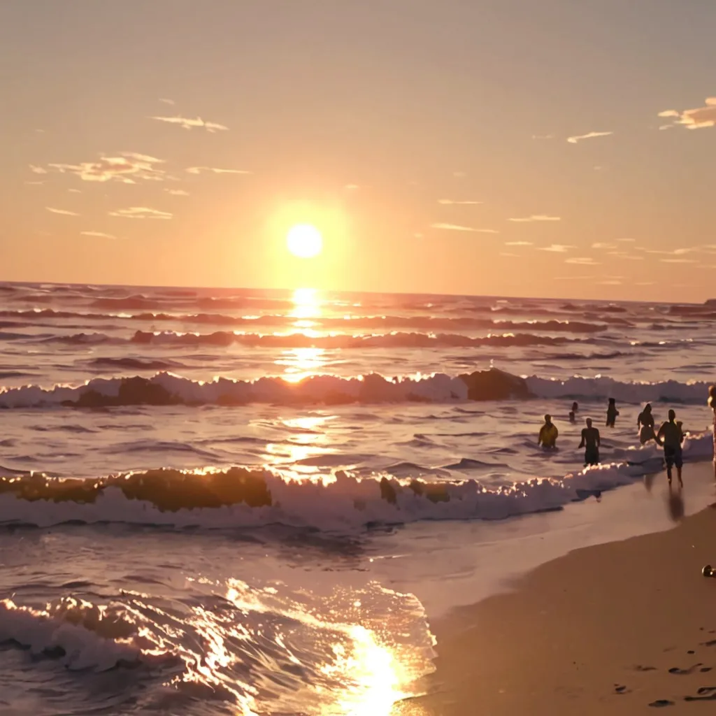 Prompt: Ocean with sun setting, waves , peoples enjoying the beach video