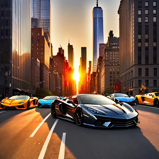 Prompt: Super cars on road with sun rising in front of the new york buildings