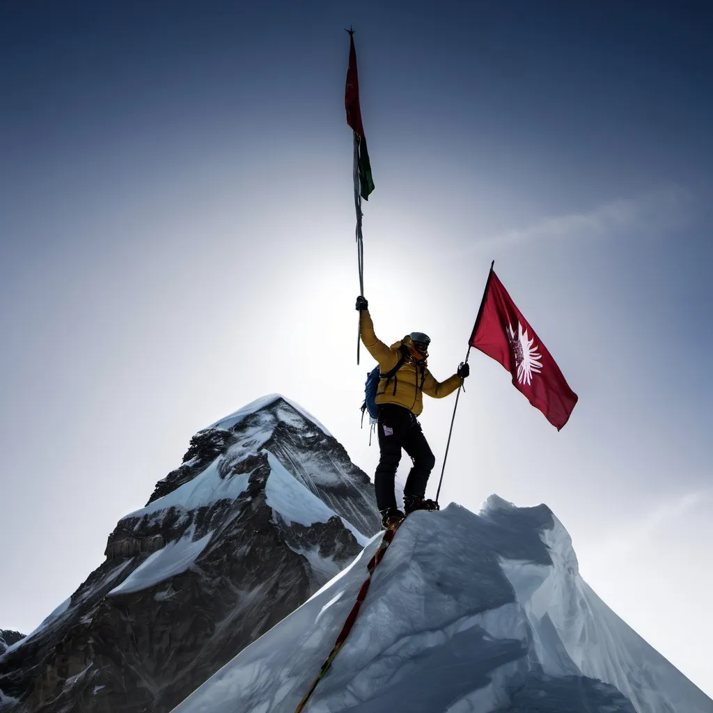 Prompt: Mount Everest person standing top of the Everest and putting flag