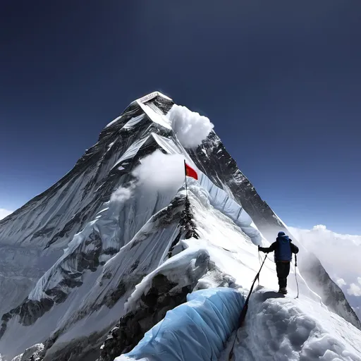 Prompt: Mount Everest person standing top of the Everest and putting falg