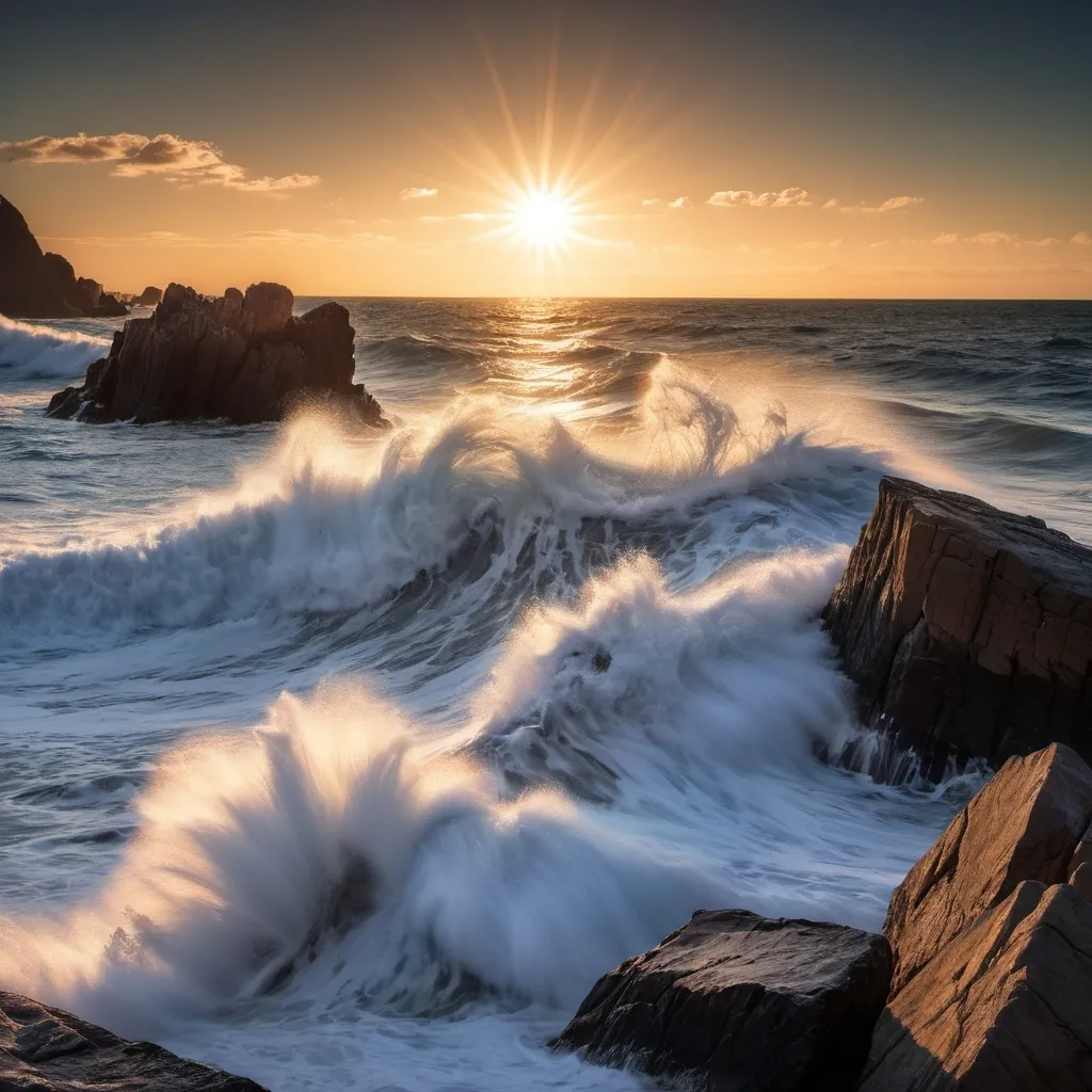 Prompt: Ocean waves hitting the rocks in sun set