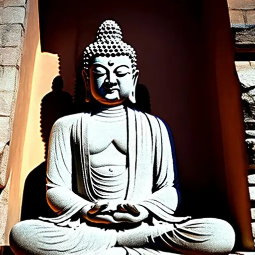 Prompt: gautam buddha statue of stone in shadows
