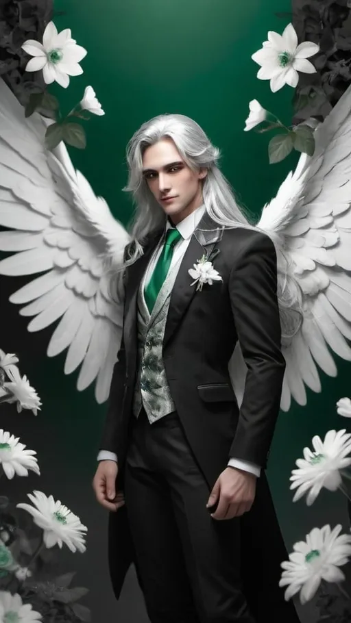 Prompt: A male with wings, long silver hair, emerald green eyes  in a romantic setting, flowers, black and white, full body