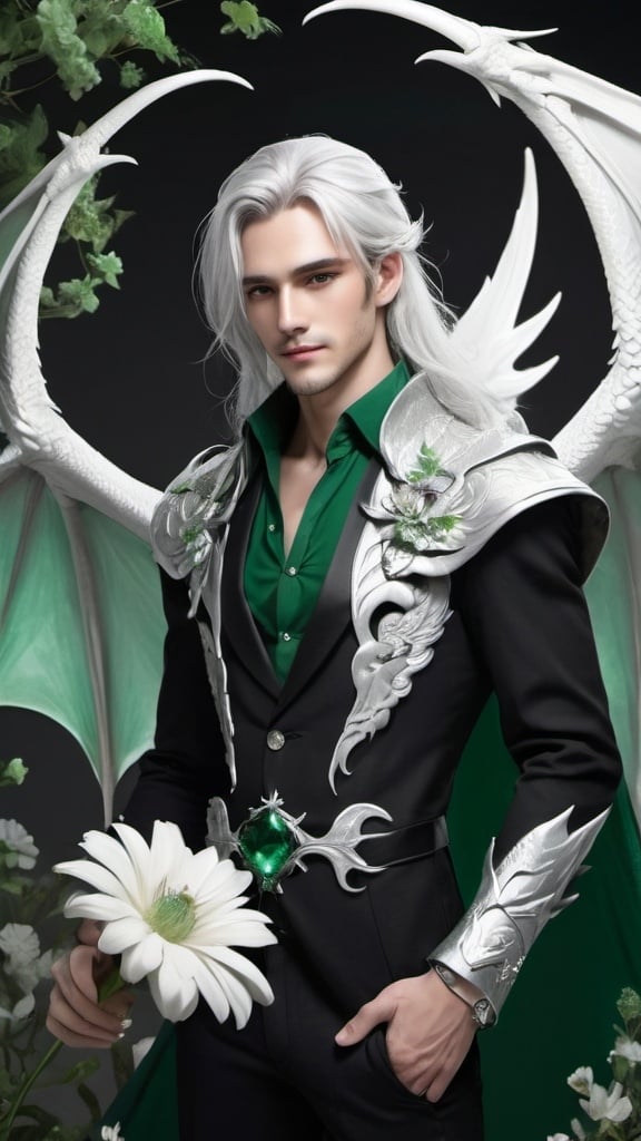 Prompt: A male with dragon wings, long silver hair, emerald green eyes  in a romantic setting, flowers, black and white, full body