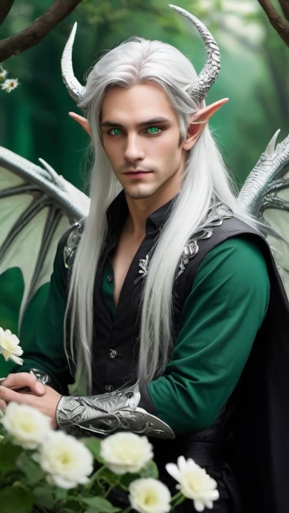 Prompt: A Fae male with dragon wings, pointy ears, long silver hair, emerald green eyes  in a romantic setting, flowers, black and white