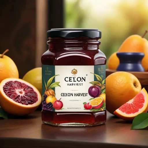 Prompt: (accurately spelled text "Ceylon Harvest"), (elegant jam bottle), modern design, (colorful label), artisan aesthetic, warm tones, inviting and delicious atmosphere, high-quality glass texture, logo prominently displayed, natural ingredients in the background, (vibrant fruit illustrations), 4K resolution, upscale appearance, appealing to gourmet market.