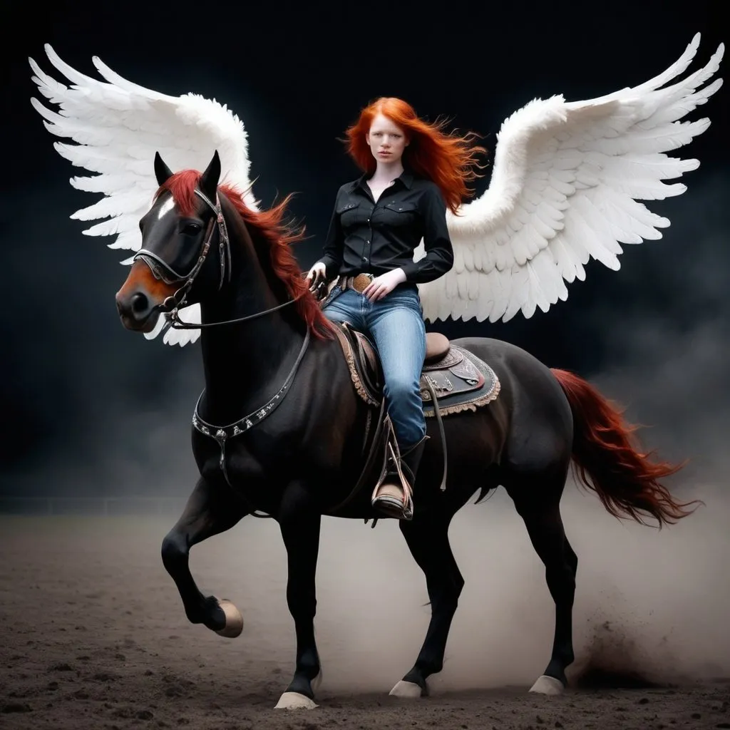 Prompt: A red head cowgirl with angel wings and she was on a pitch black horse 
