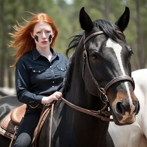 Prompt: A red headed cowgirl on a black horse with a white blaze on his face
