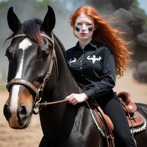 Prompt: A red headed cowgirl on a black horse with a white blaze on his face
