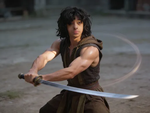 Prompt: @VDFl11erCjFOxA9K1nds Siro practices alone on open ground, his movements sharp and disciplined. He is lean and muscular, built for speed and precision rather than bulk—corded arms, defined shoulders, and a balanced, grounded stance. His bare forearms flex as he moves, sweat catching the light with each controlled strike. The sword arcs through the air in clean, deliberate motions, leaving faint motion blur that emphasizes speed and mastery.