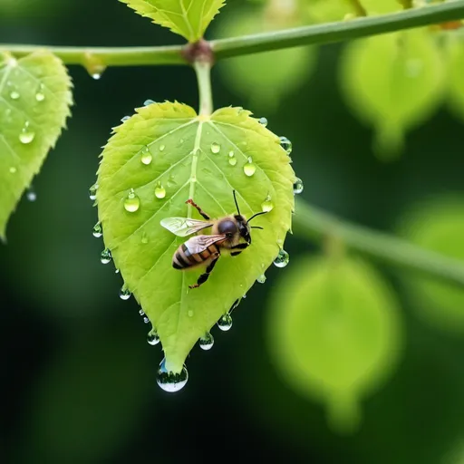 Prompt: RAW photo, (high detailed skin:1.2), 8k uhd, dslr, soft lighting, high quality, film grain, Fujifilm XT3, photorealistic image,  Acer platanoides 15 years old spring, raindrop, focus on bee