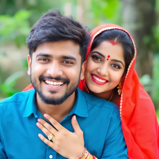 Prompt: A vibrant moment is captured between two individuals, with the woman playfully peeking over the man's shoulder, suggesting intimacy and joy. She wears a striking red dupatta, which contrasts beautifully with her simple attire and features a decorative bindi on her forehead, marking cultural significance. The man, dressed in a blue shirt, beams with a warm smile, showcasing his charming demeanor. The background hints at a natural setting, likely outdoors, with greenery suggesting a lively atmosphere. The soft sunlight enhances their expressions, conveying a cheerful and affectionate mood, making the scene feel personal and candid.
