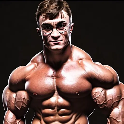 Prompt: creates an image of a very muscular Harry Potter, with the body of a 130 kg open body builder, with glasses
