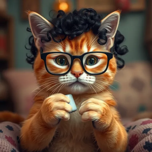 Prompt: (cute destressed tan cat), (black curly hair), (square glasses), holding adderall, whimsical atmosphere, gentle expressions, soft focus, warm color tones, cozy setting, playful details, high quality, ultra-detailed, cheerful vibe.