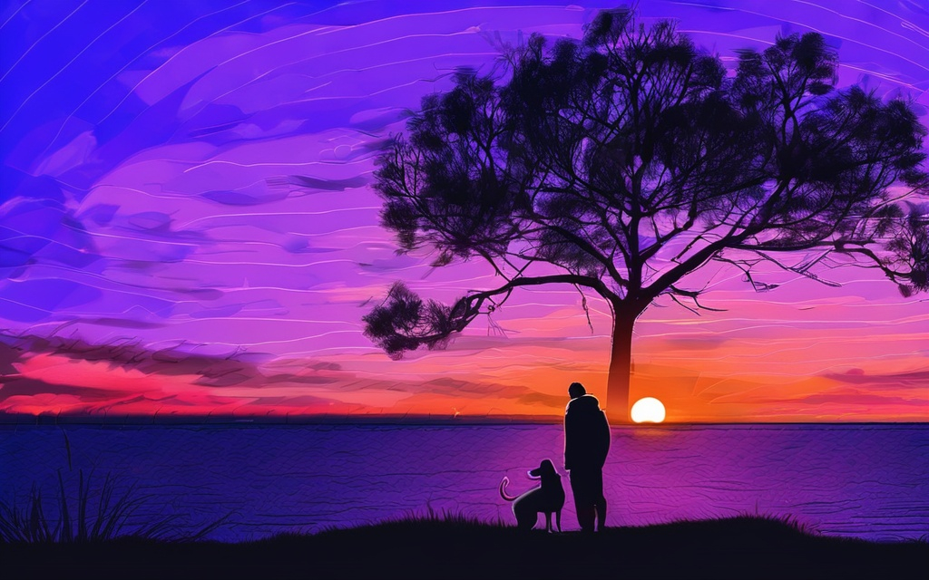 Prompt: man looking at the sunset with his dog facing the sun