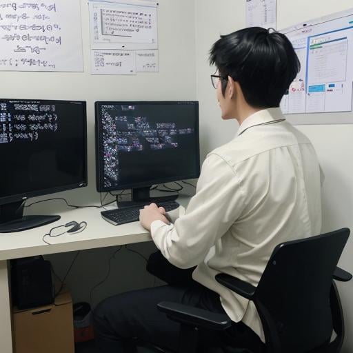 Prompt: A korean man is doing programming (coding ) sitting on the chair, the monitor shows some code flow. On the wall, some uml diagrams is spreaded all over the wall.
