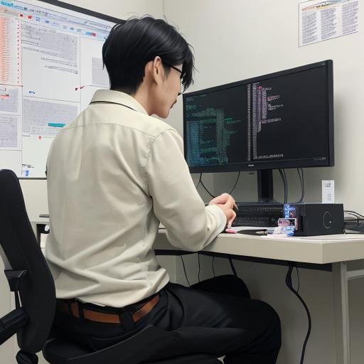 Prompt: A korean man is doing programming (coding ) sitting on the chair, the monitor shows some code flow. On the wall, some uml diagrams is spreaded all over the wall.
