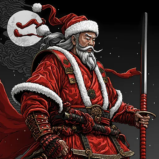 Prompt: Highly Detailed Santa Claus in style of Japanese Samurai warrior in full red armor. 