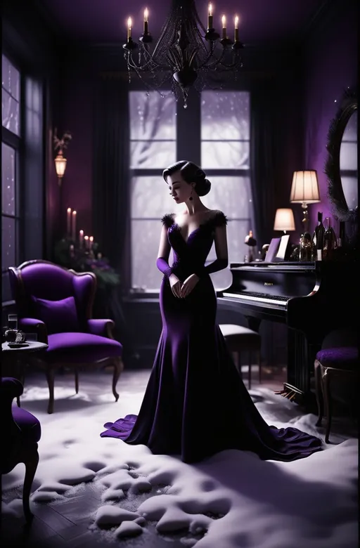 Prompt: photorealistic, (photo-film noir) style, (Christmas), purple and black palette, dramatic shadows, soft ambient lighting, suspenseful atmosphere, snow gently falling, vintage decor with a modern twist, deep contrasts, moody elegance, hint of mystery, intricate details, festive elements with a noir edge, ultra-detailed, HD quality.